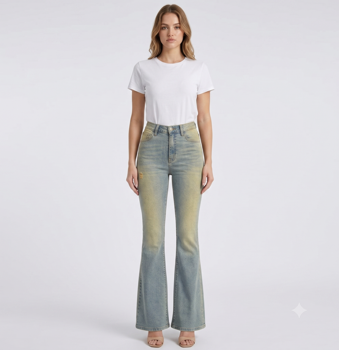 AP2157 High Rise Flare Leg Jeans W/ Hand Sanding – Aphrodite Jeans