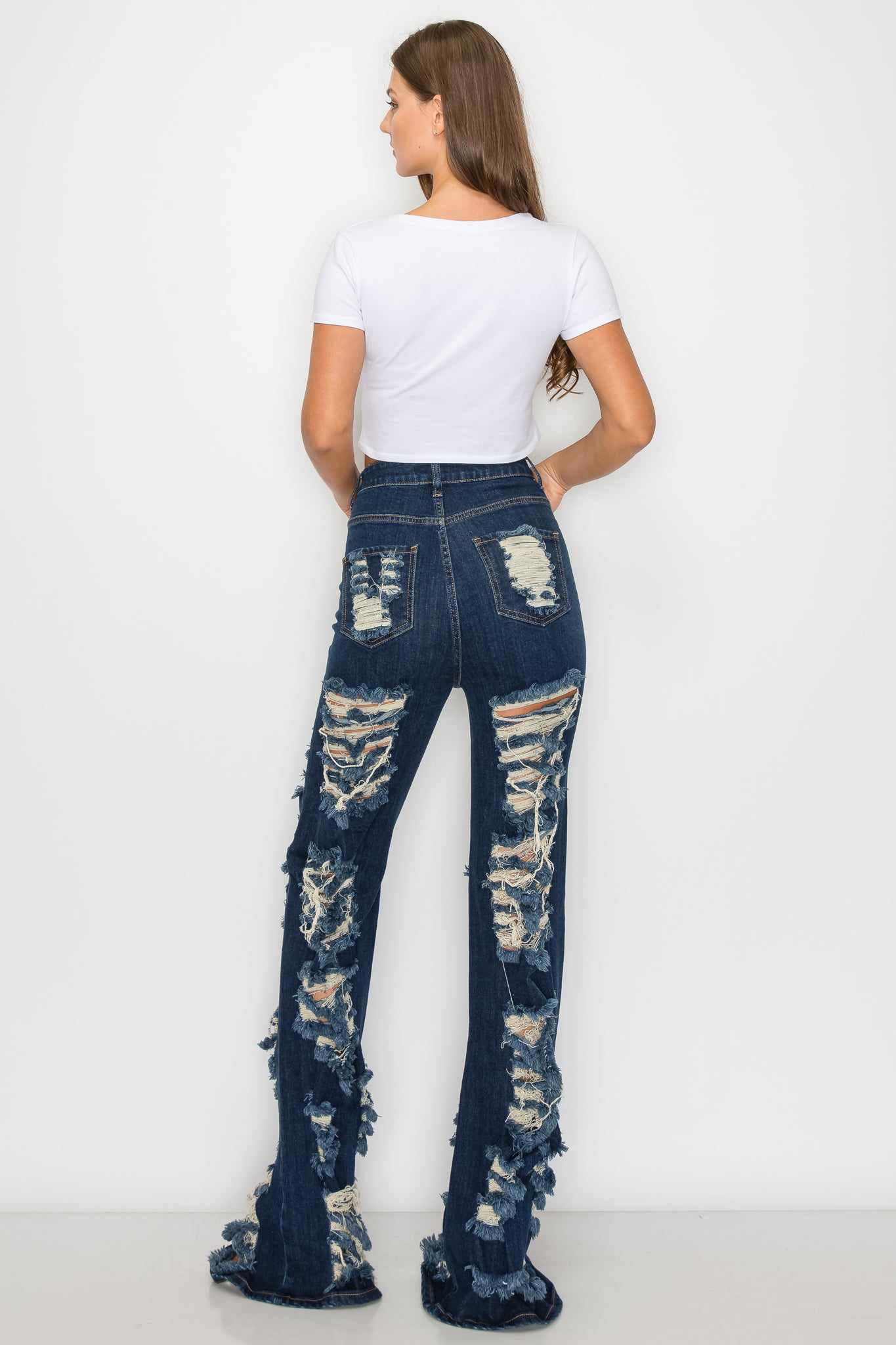 40030 Women'S High Waisted Distressed Wide Leg Jeans with Cut Outs