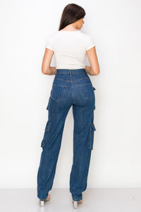 40454 Women's High Rise Cargo Denim Pants W/ Extra Pockets