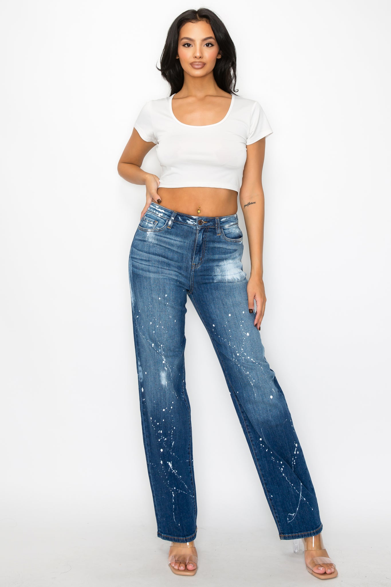 40576 Women's Mid Rise Loose Fit Jeans w/ White paint splash