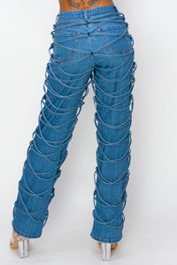 40582 Women's Mid Rise Straight Legged Jeans W/Laced up Legs