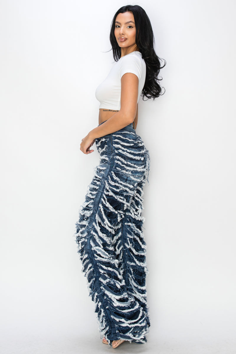 40793 High Rise Dual Layer Wide Leg Fringed and Frayed Jeans
