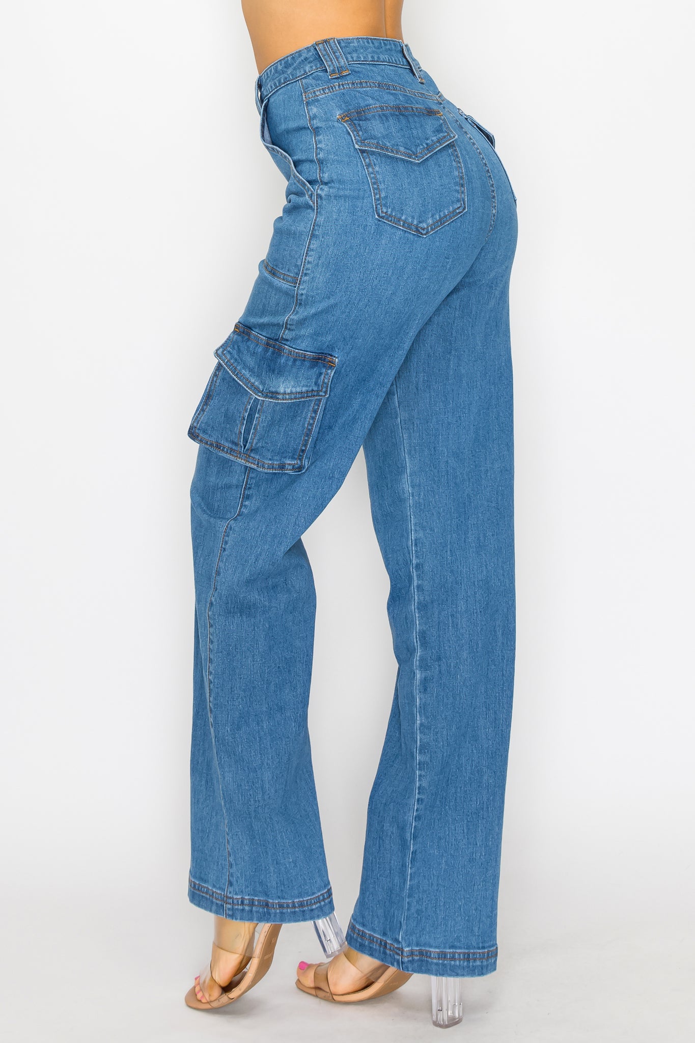 4890C High Rise Cargo Jeans w/ Flap Back pockets & Front Panel Destruction