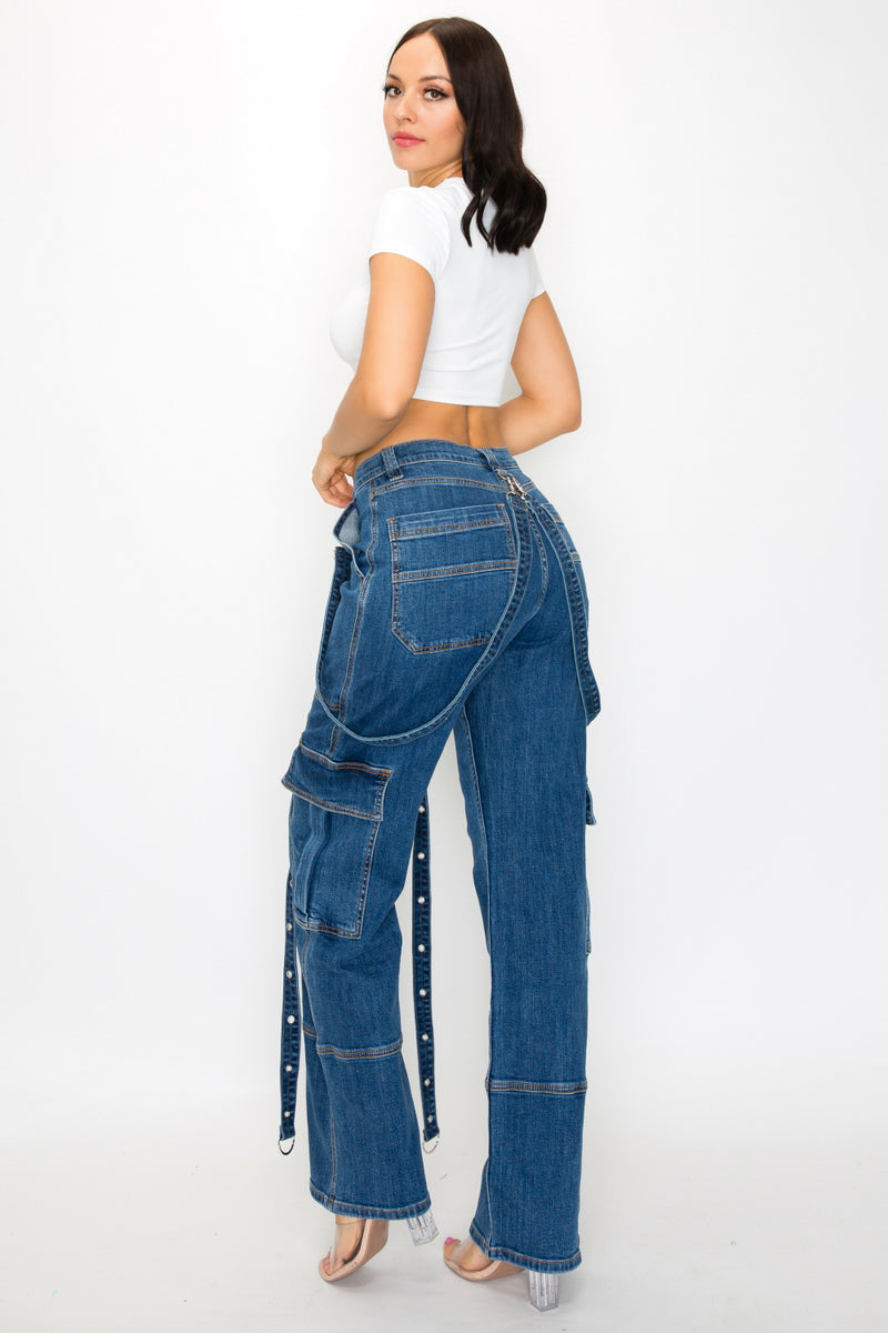 APHT037 Women's Mid Rise Loose Fit Denim Pants w/eyelet suspenders –  Aphrodite Jeans