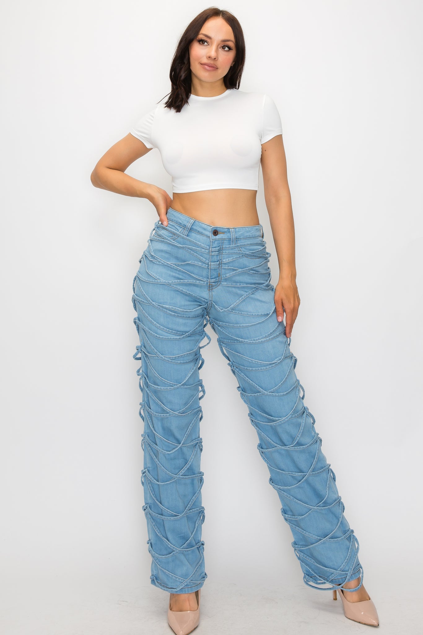 40582 Women's Mid Rise Straight Legged Jeans W/Laced up Legs