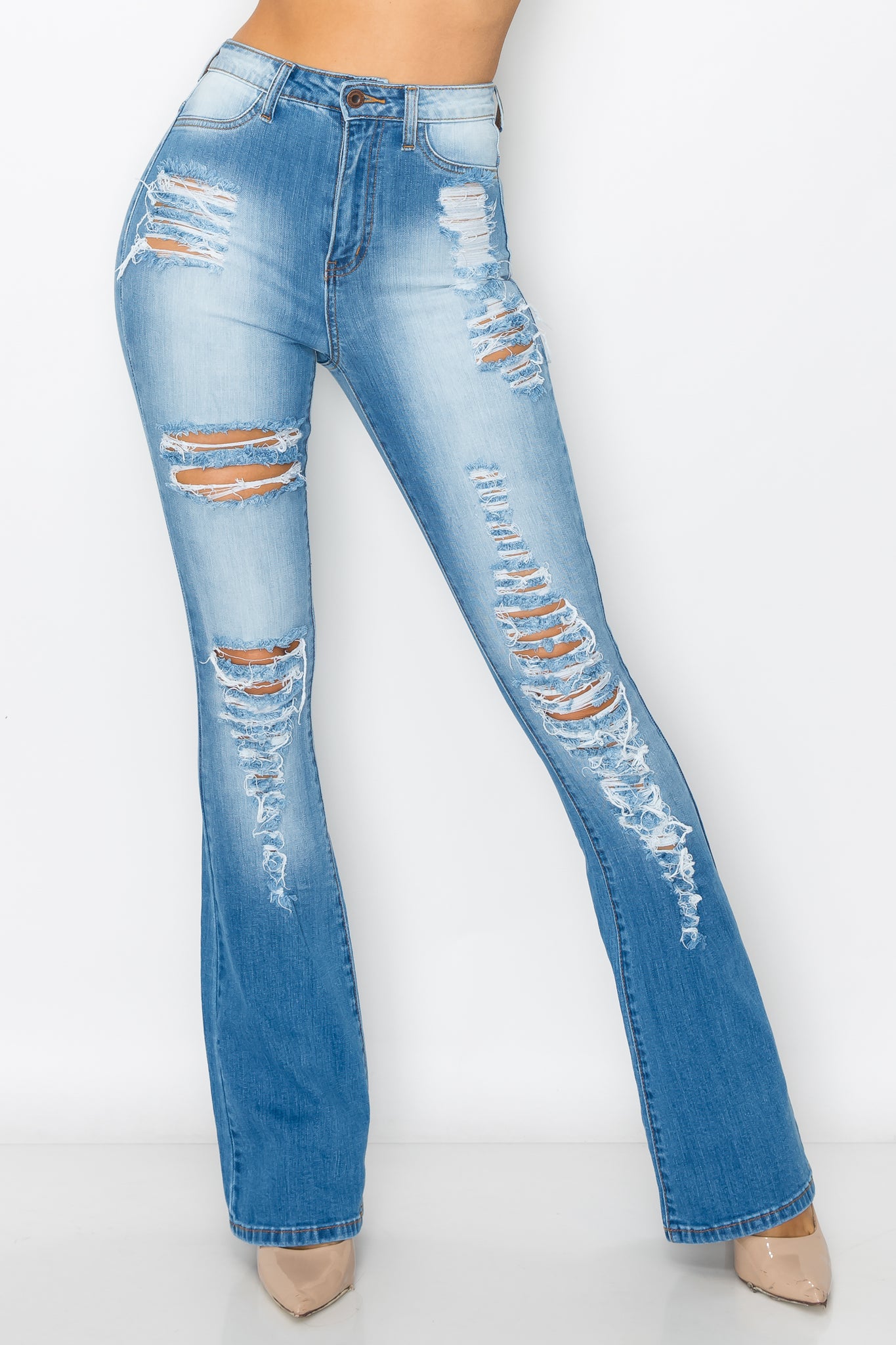 40117 High Rise Light Denim Flare Jeans w/ drestrction