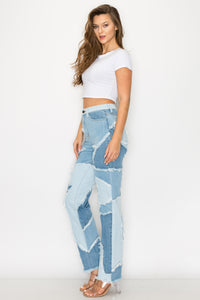 40455 Women's Patchwork High Waisted Straight Leg Denim Multi-tone Jeans