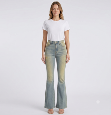 AP2157 High Rise Flare Leg Jeans W/ Hand Sanding
