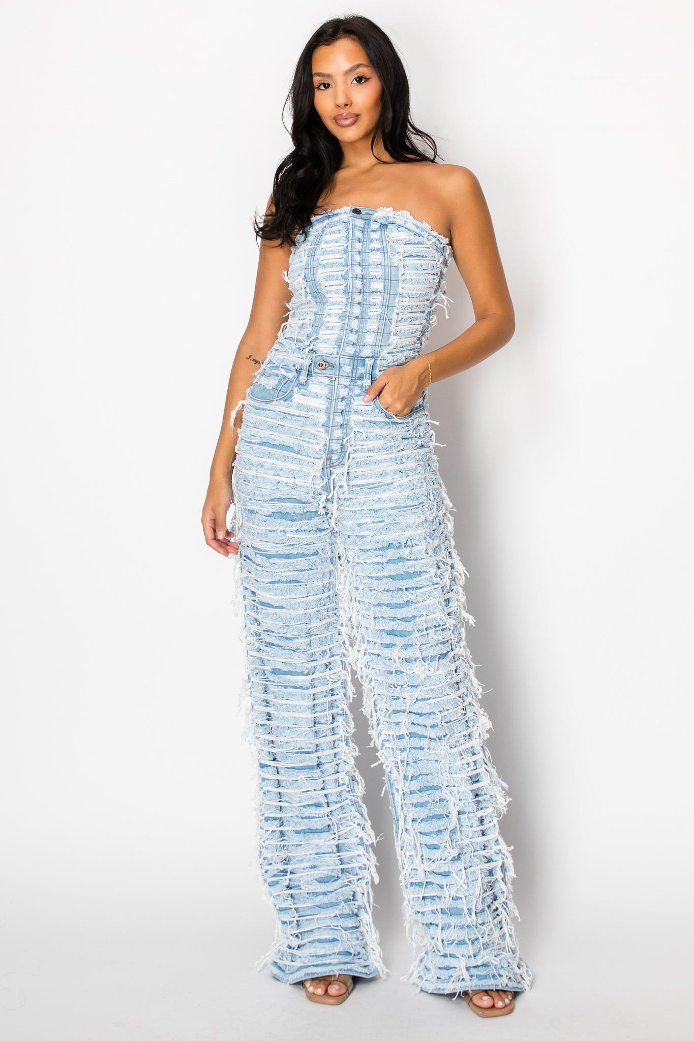 3052 Dual Layer Shaggy Halter Top Jumpsuit