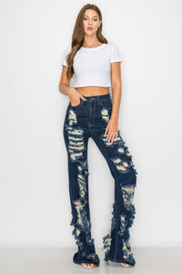 40030 Women'S High Waisted Distressed Wide Leg Jeans with Cut Outs