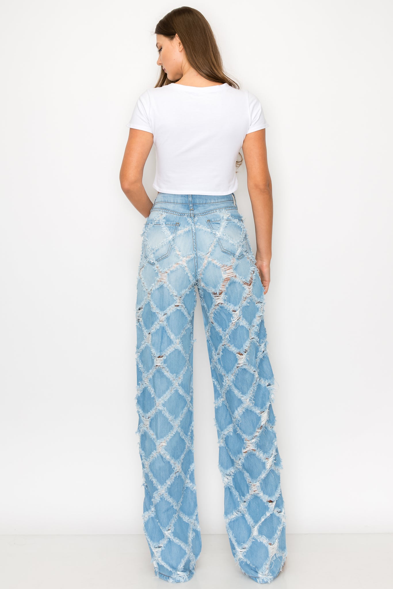 40566 Women's High Rise Loose Fit Jeans w/ Crisscross Frayed Denim Pants