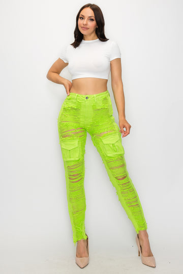 40573 Women's High Rise Frayed Front Cargo Pocket Skinny Jeans