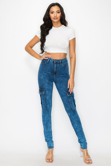 40577 Women's High Rise Acid Washed Skinny Cargo Jeans