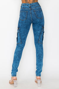 40577 Women's High Rise Acid Washed Skinny Cargo Jeans