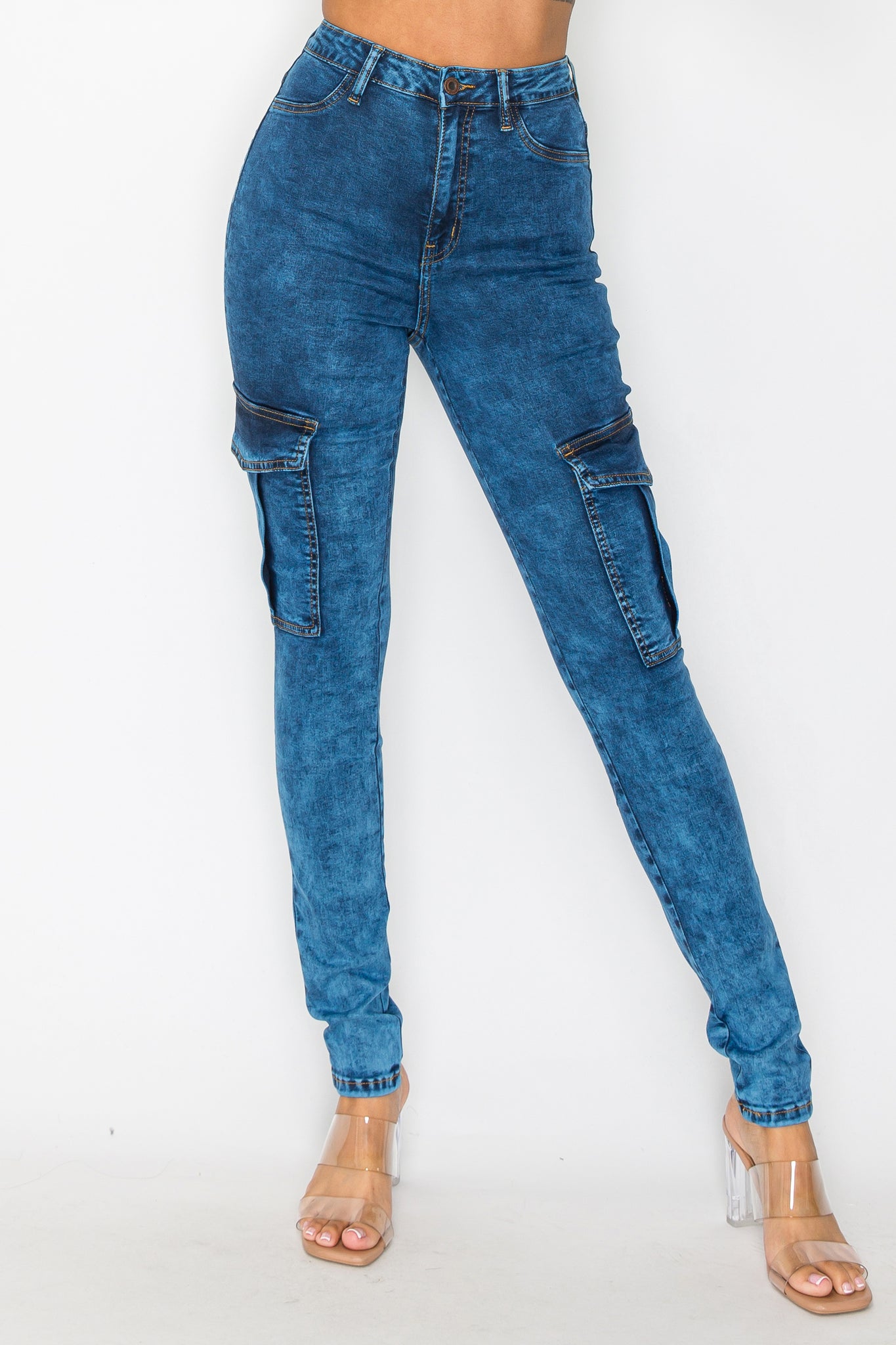 40577 Women's High Rise Acid Washed Skinny Cargo Jeans