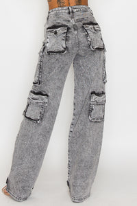 40585 Acid Washed Cargo Jeans W/ Multiple 3D Pockets