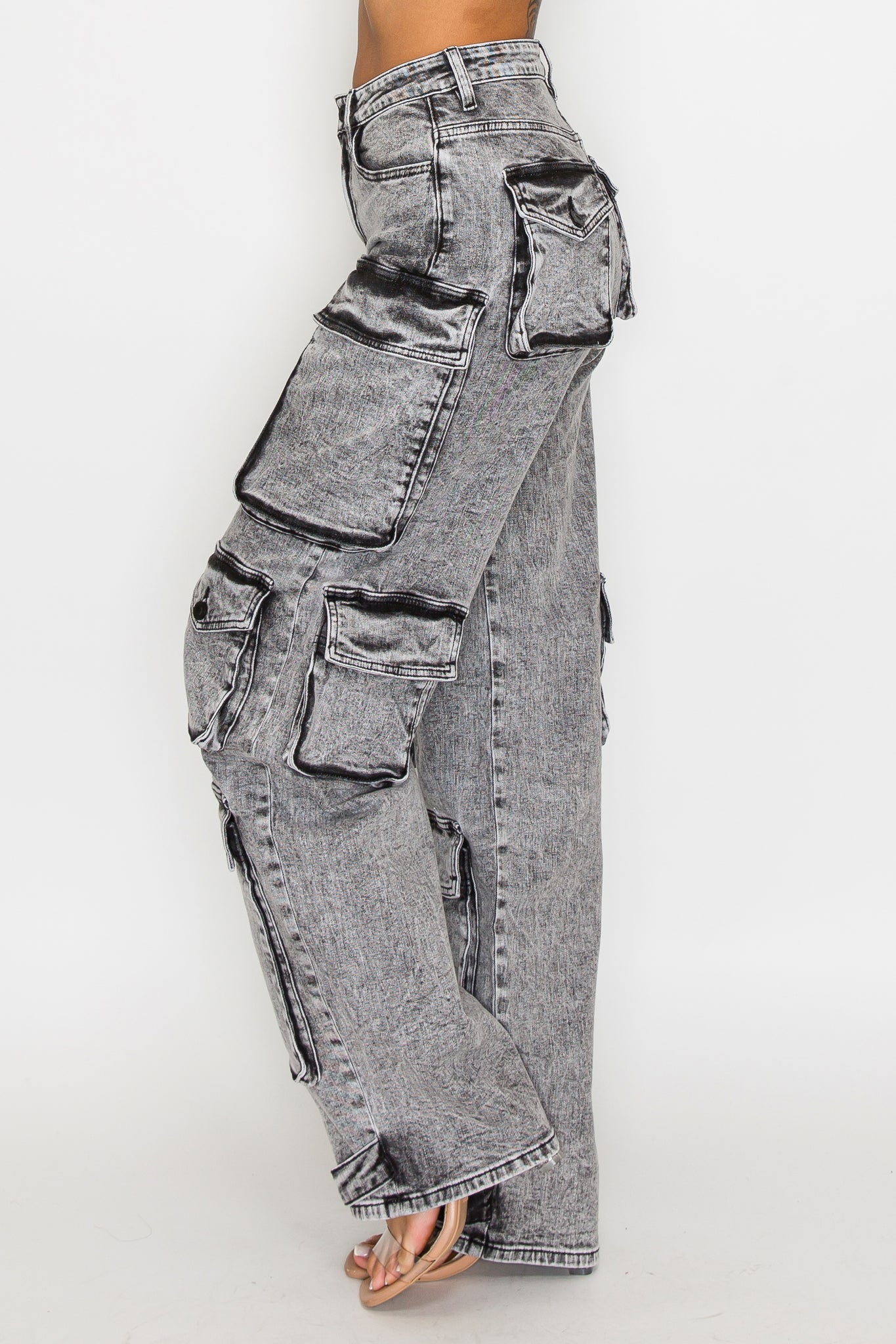 40585 Acid Washed Cargo Jeans W/ Multiple 3D Pockets