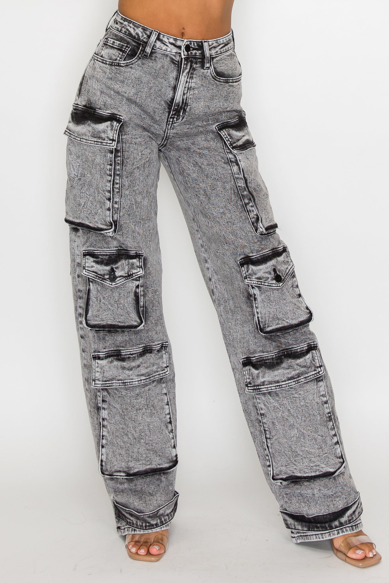 40585 Acid Washed Cargo Jeans W/ Multiple 3D Pockets