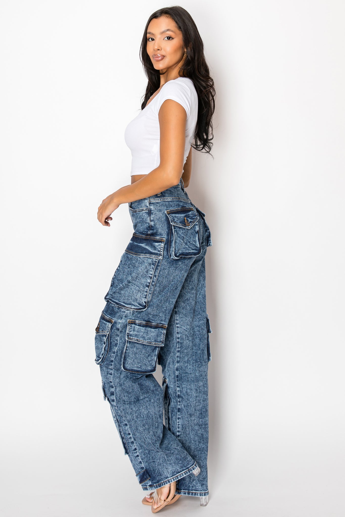 40585 Acid Washed Cargo Jeans W/ Multiple 3D Pockets