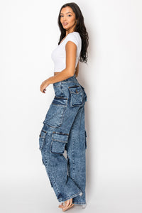 40585 Acid Washed Cargo Jeans W/ Multiple 3D Pockets