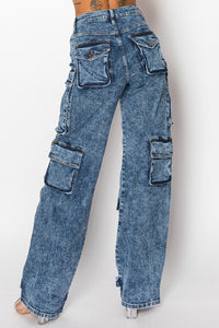 40585 Acid Washed Cargo Jeans W/ Multiple 3D Pockets