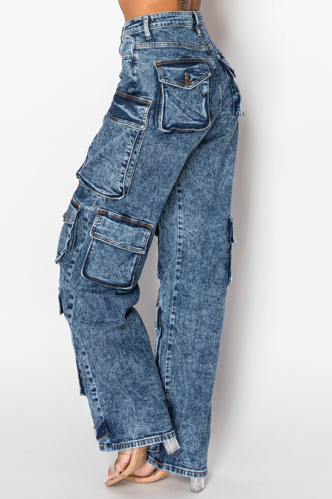 40585 Acid Washed Cargo Jeans W/ Multiple 3D Pockets