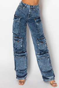 40585 Acid Washed Cargo Jeans W/ Multiple 3D Pockets