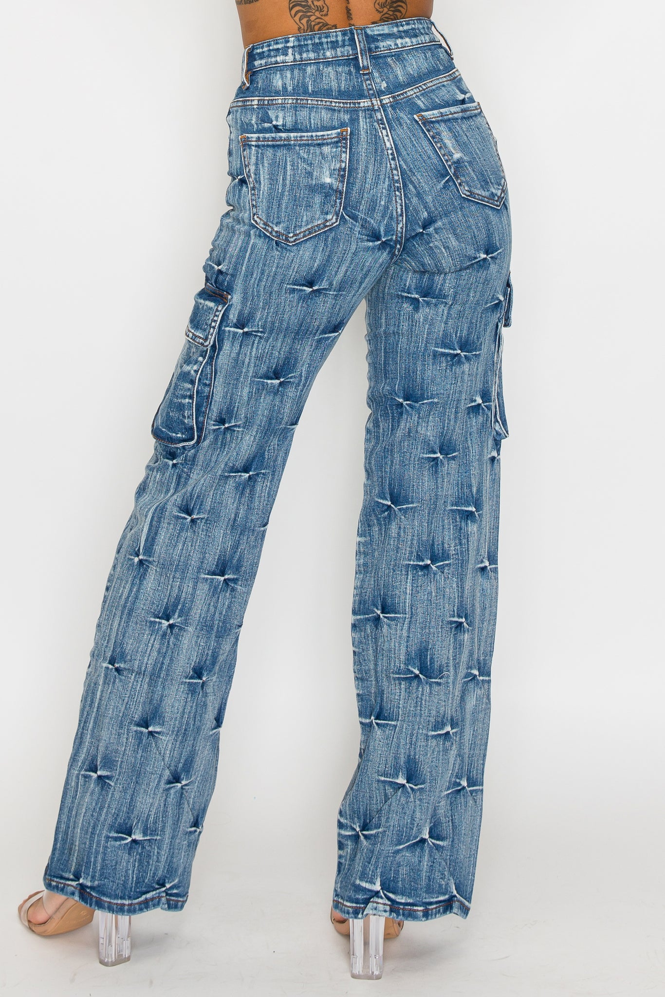 40588 High Rise Straight Leg Cargo Jeans W/ Tack Destruction