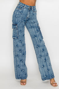 40588 High Rise Straight Leg Cargo Jeans W/ Tack Destruction