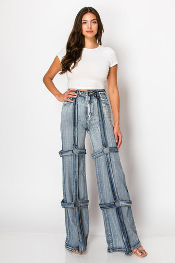 40592 Mid Rise Straight Leg Jeans W/ Brush Wash & Ring Straps