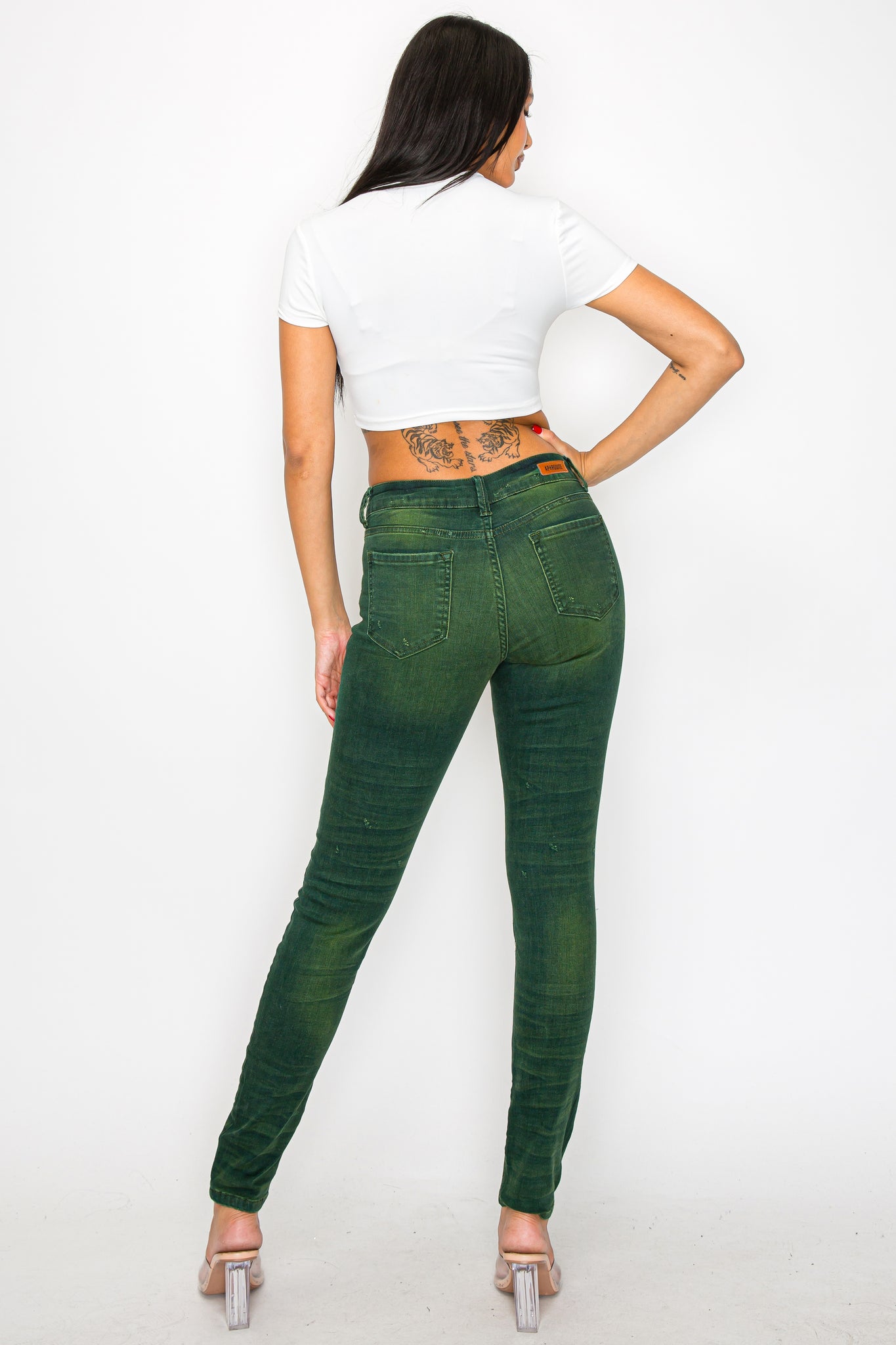 40601 Women's Mid Waisted Distressed Washed Skinny Jeans