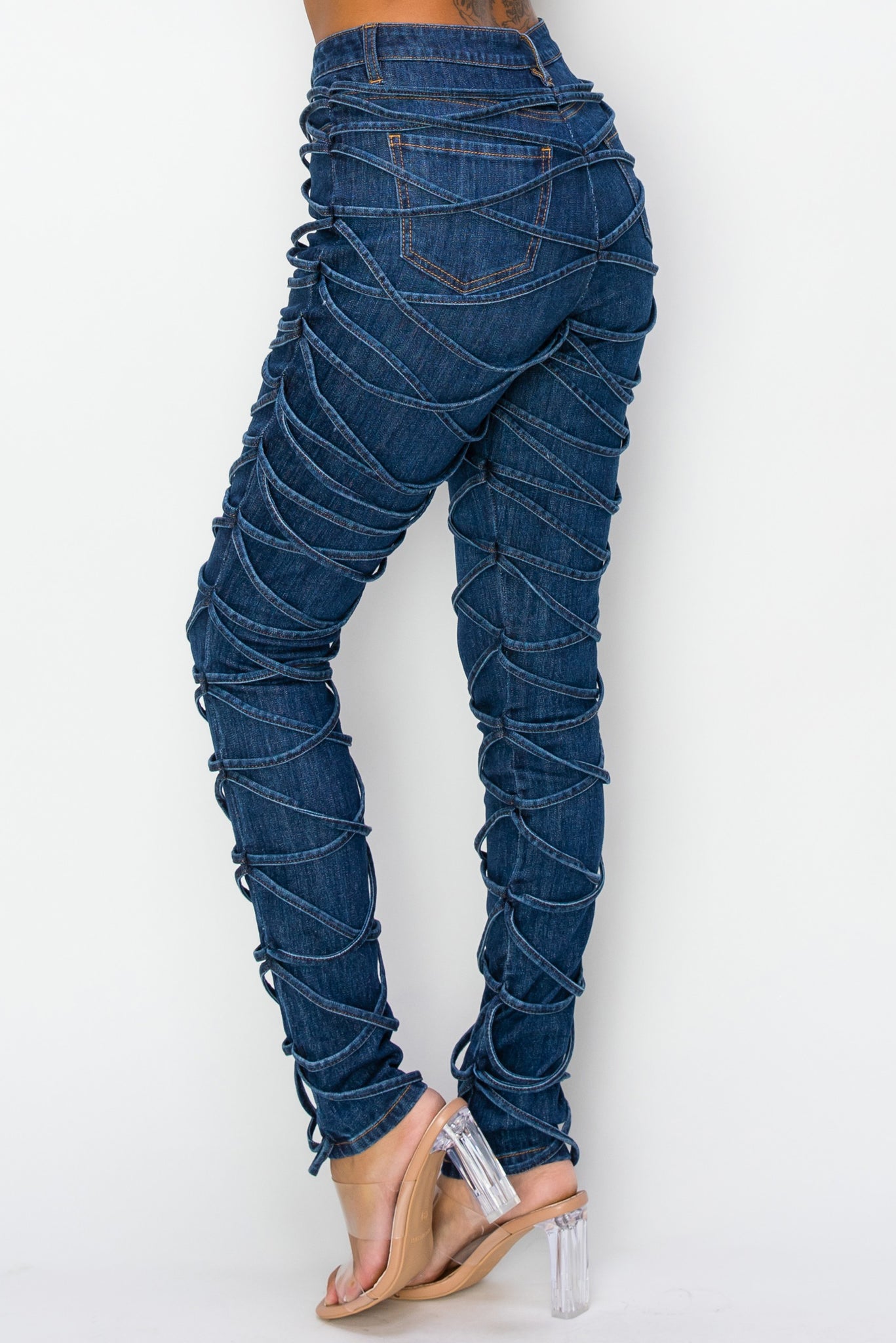 40625 Women's High Rise Crisscross Strapped Skinny Jeans
