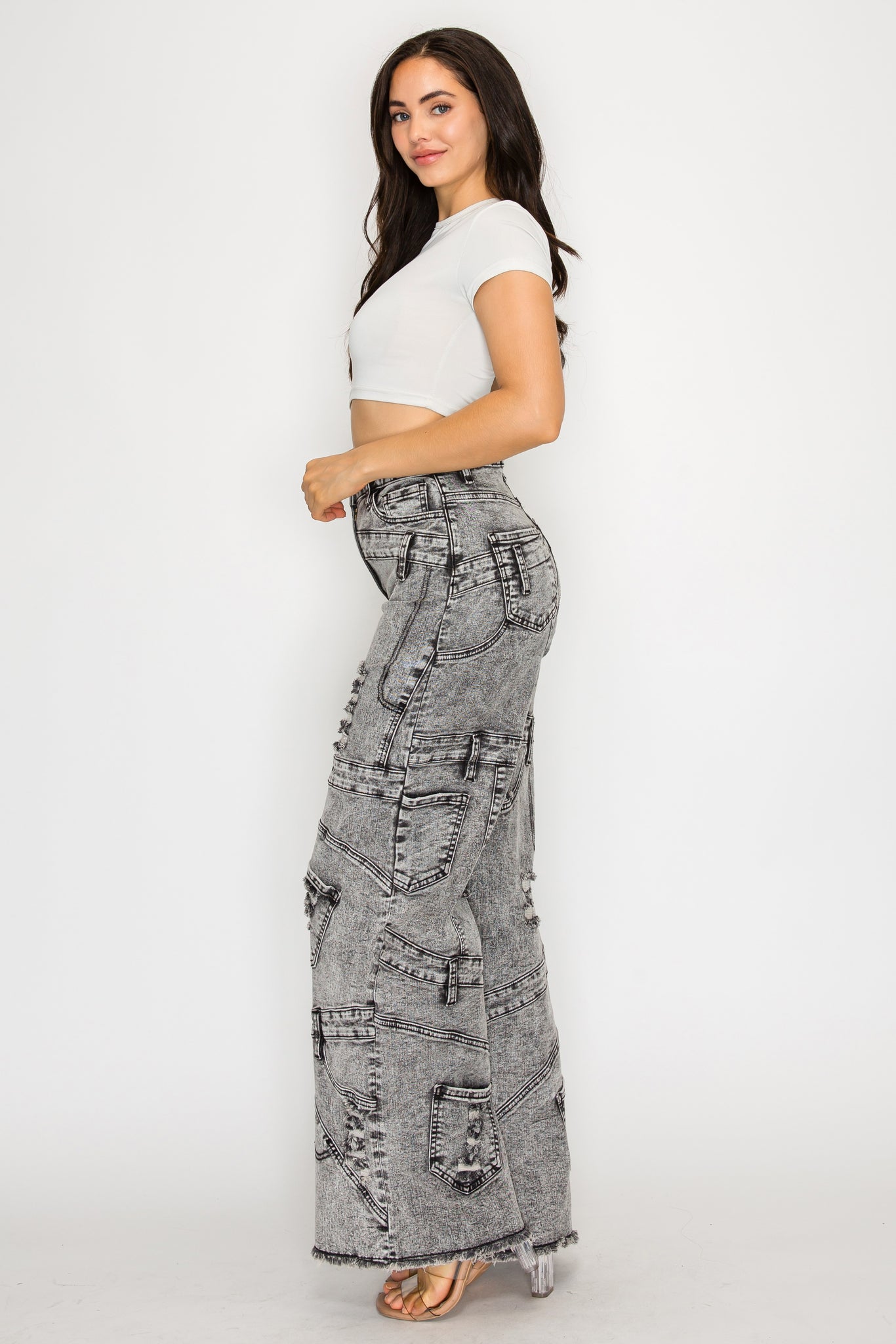 40641 High Rise Wide Leg Mixed Panel Jeans W/ Frayed Leg Opening