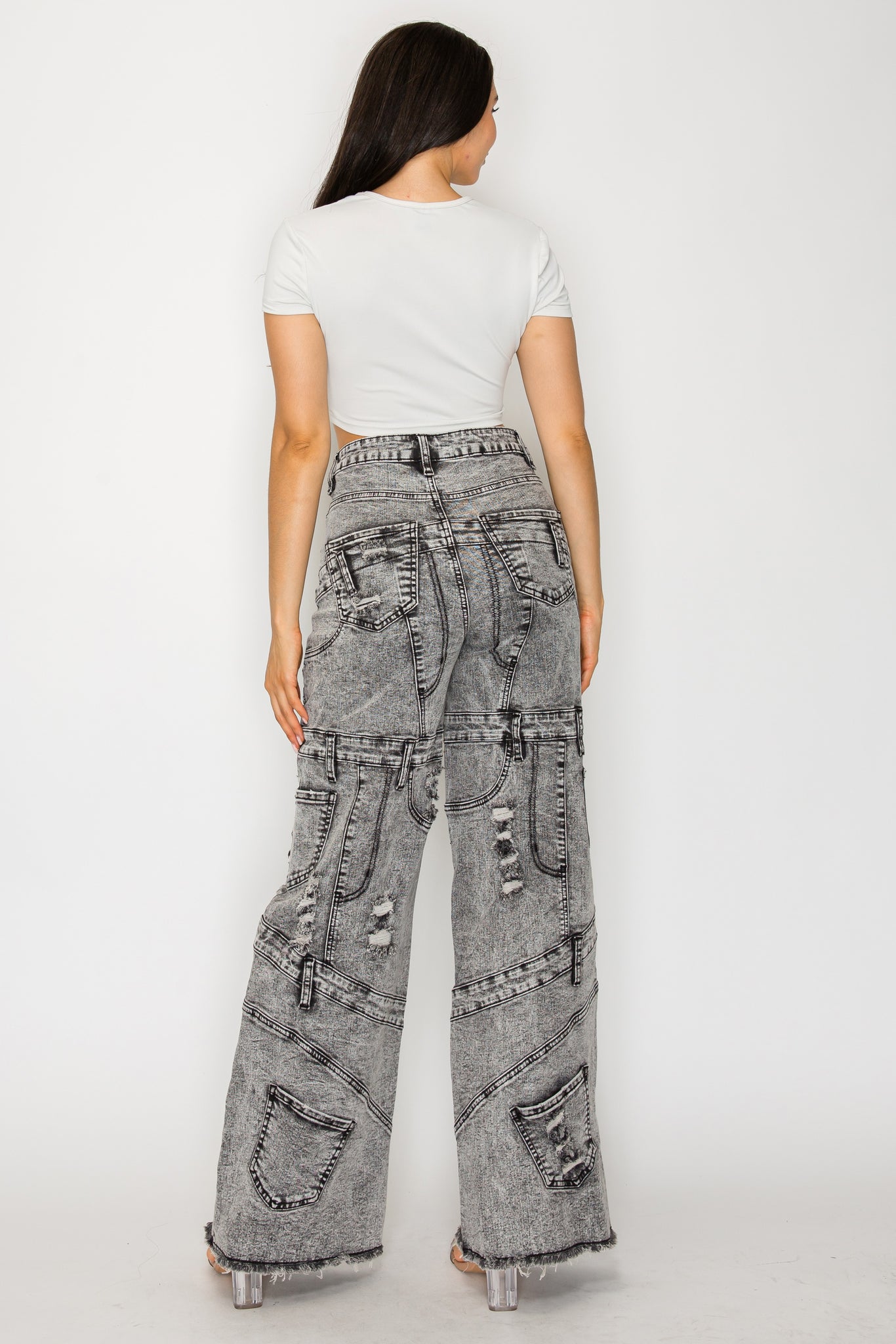 40641 High Rise Wide Leg Mixed Panel Jeans W/ Frayed Leg Opening