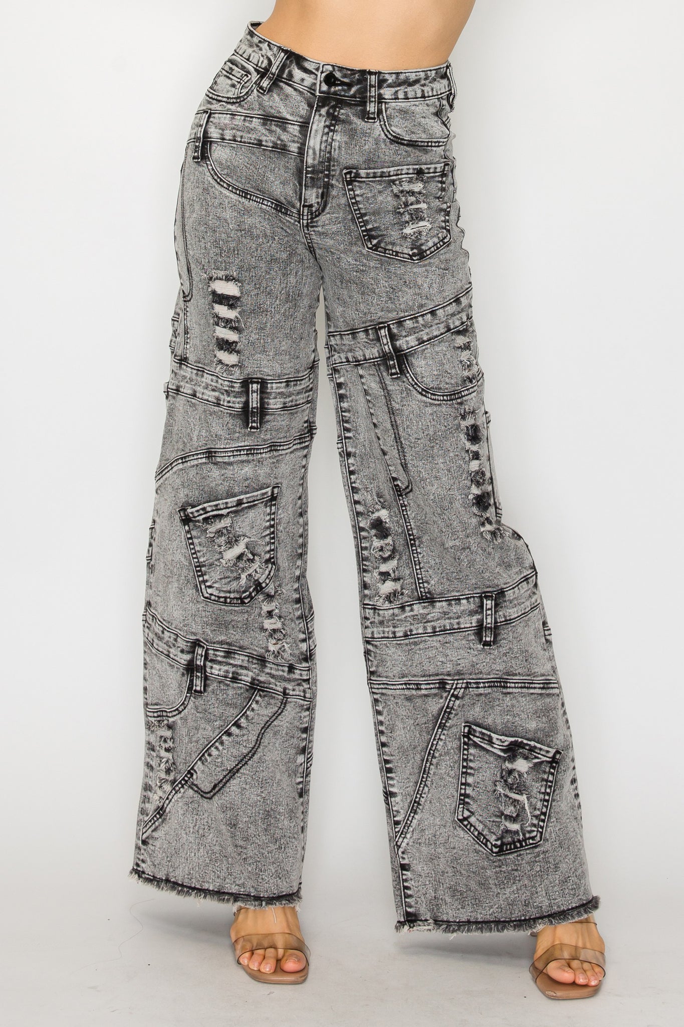 40641 High Rise Wide Leg Mixed Panel Jeans W/ Frayed Leg Opening