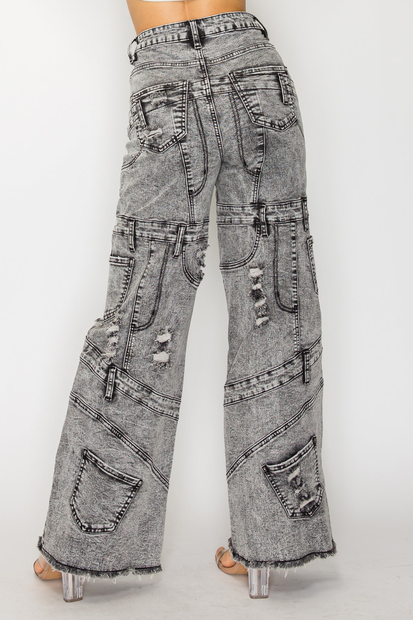 40641 High Rise Wide Leg Mixed Panel Jeans W/ Frayed Leg Opening