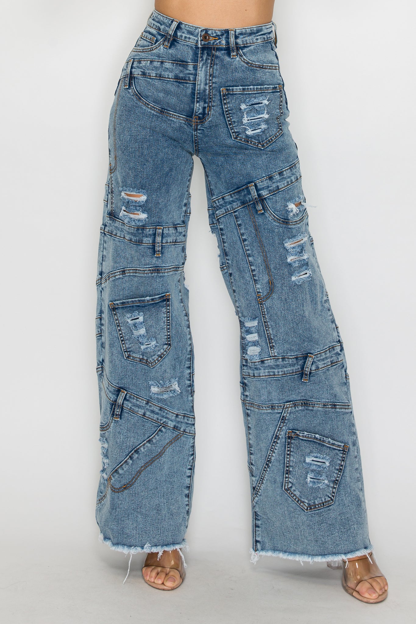 40641 High Rise Wide Leg Mixed Panel Jeans W/ Frayed Leg Opening