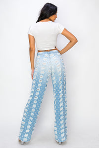 40642 Mid Rise Straight Leg Jeans W/ Large & Small Hole Patterned Destruction