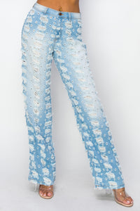 40642 Mid Rise Straight Leg Jeans W/ Large & Small Hole Patterned Destruction