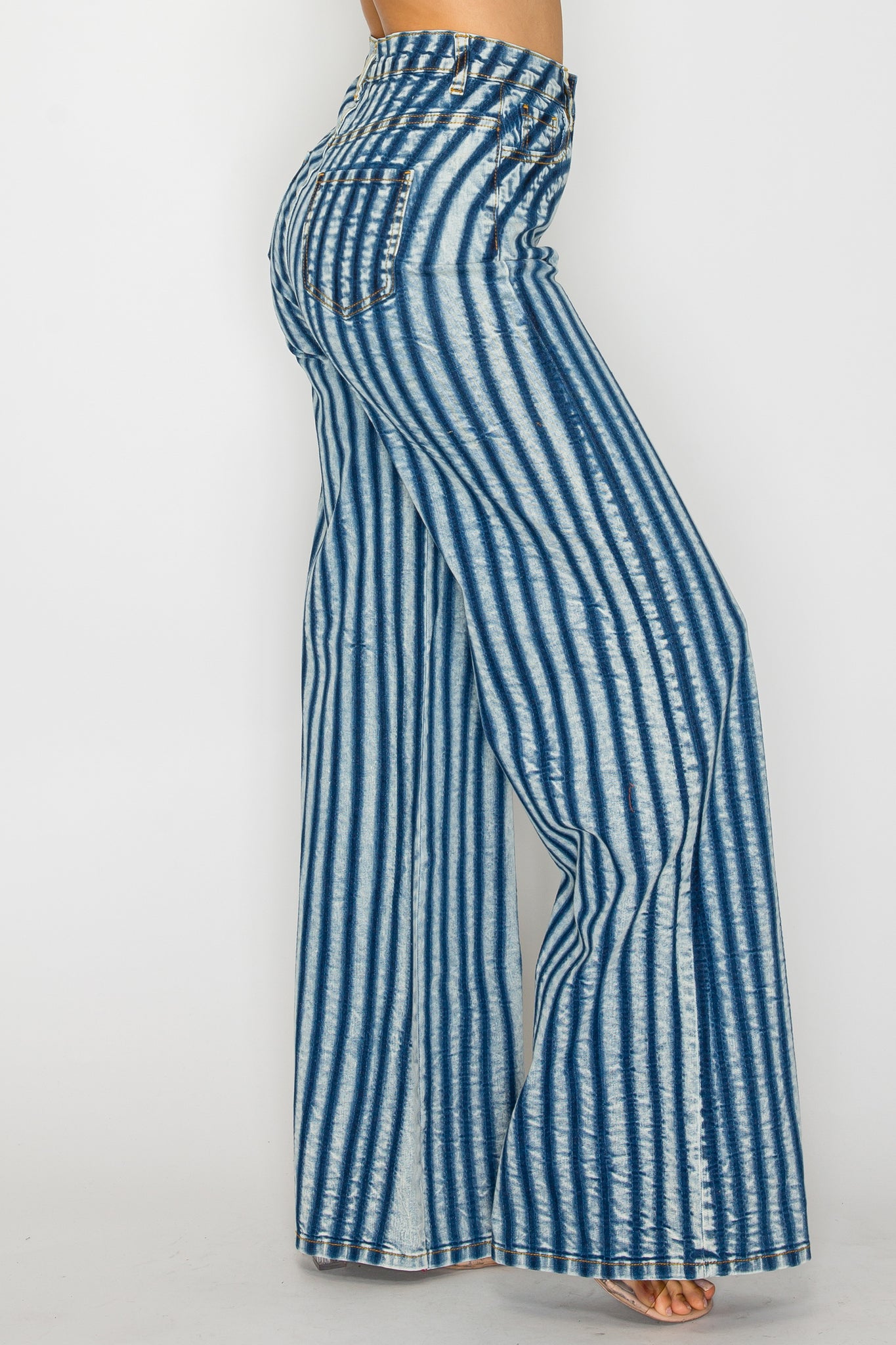 40644 High Rise Straight Leg Denim Pants W/ Dark Blue Stripes