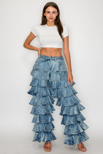 40655 High Waist Wide Leg Layered Ruffles Pants