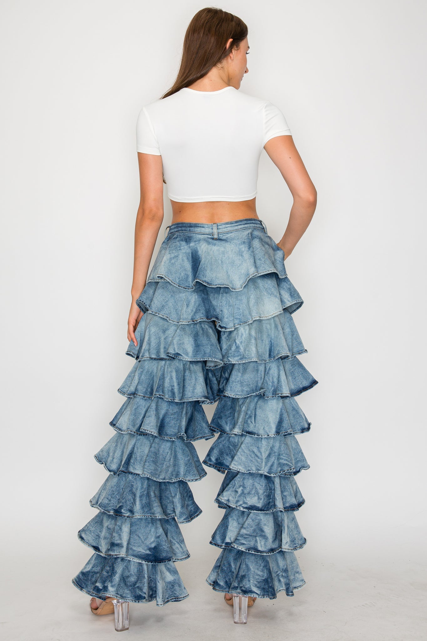 40655 High Waist Wide Leg Layered Ruffles Pants