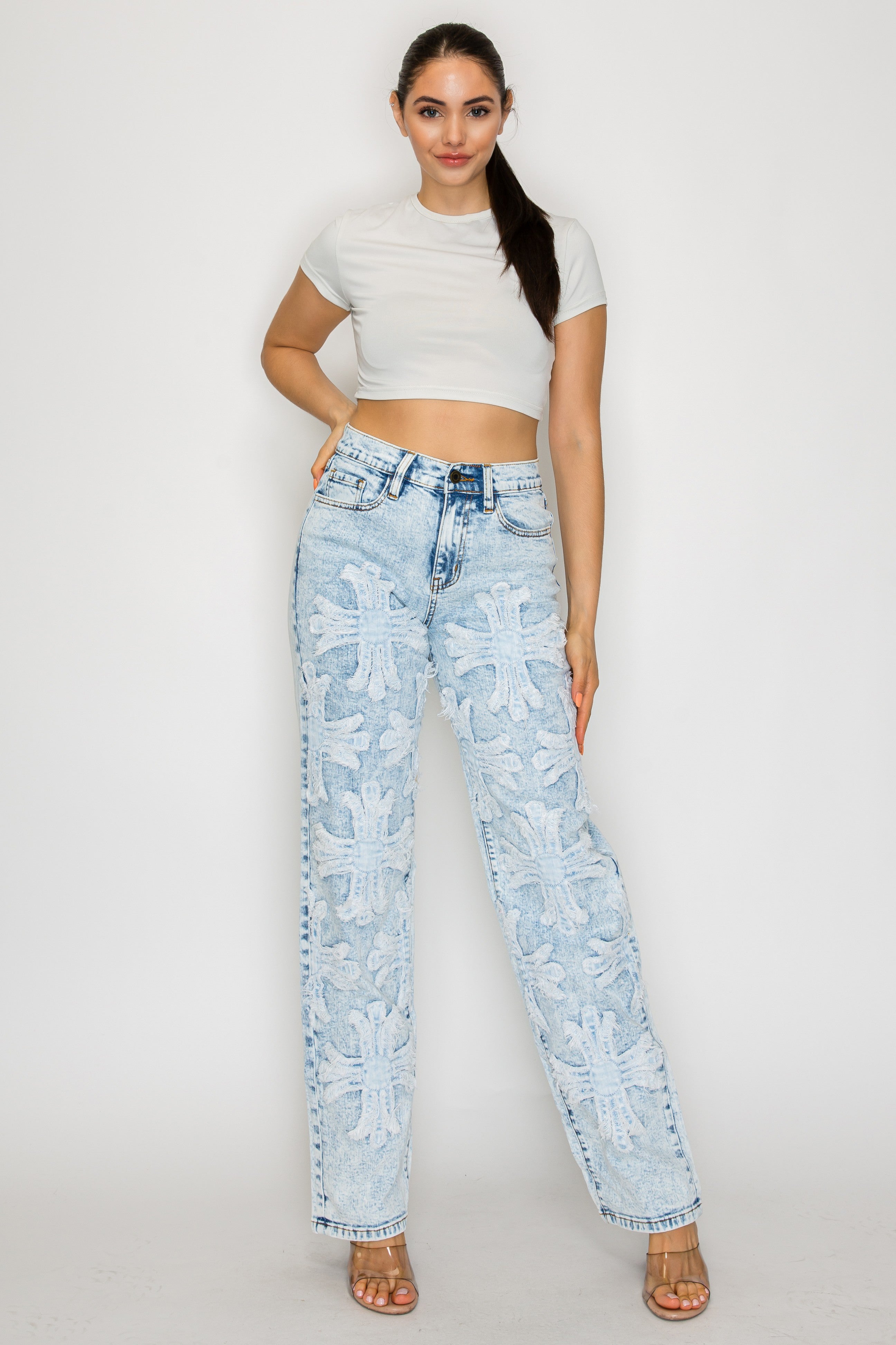 40662 High Rise Straight Leg Jeans W/ Front Panel Cross Patches