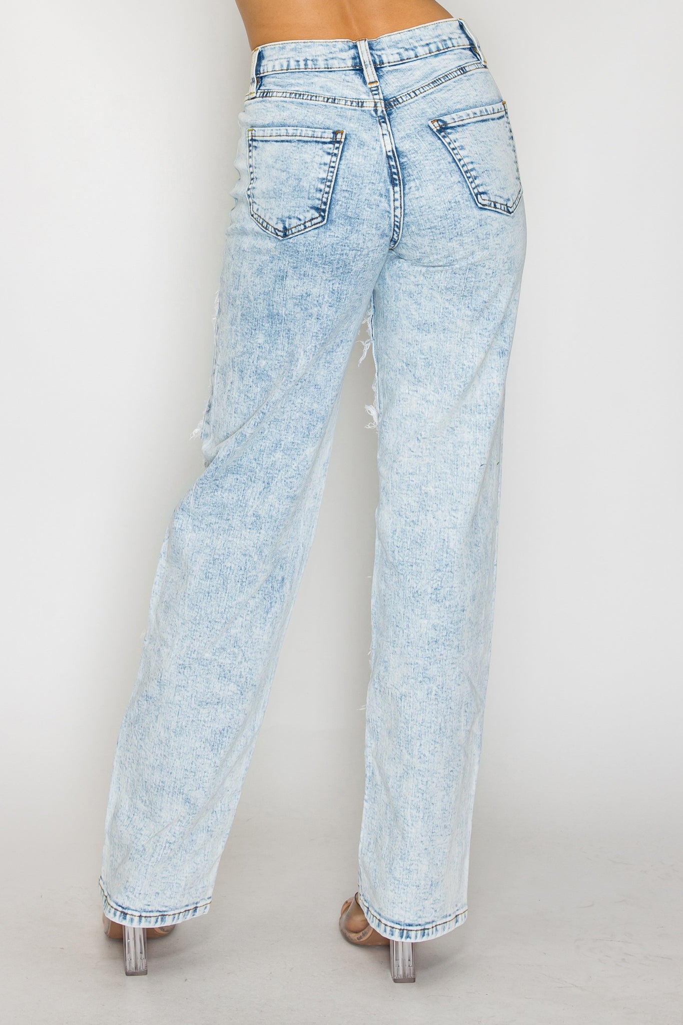 40662 High Rise Straight Leg Jeans W/ Front Panel Cross Patches
