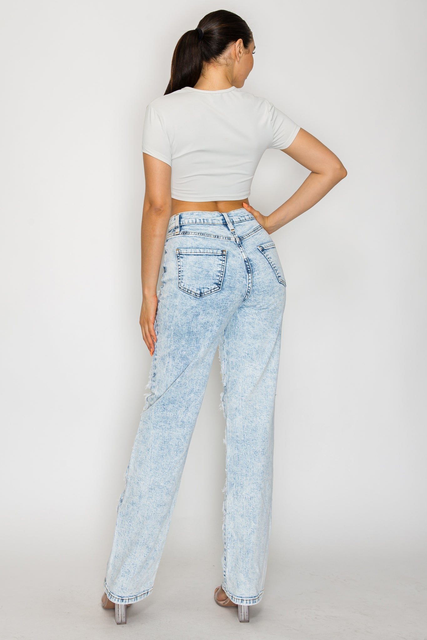 40662 High Rise Straight Leg Jeans W/ Front Panel Cross Patches