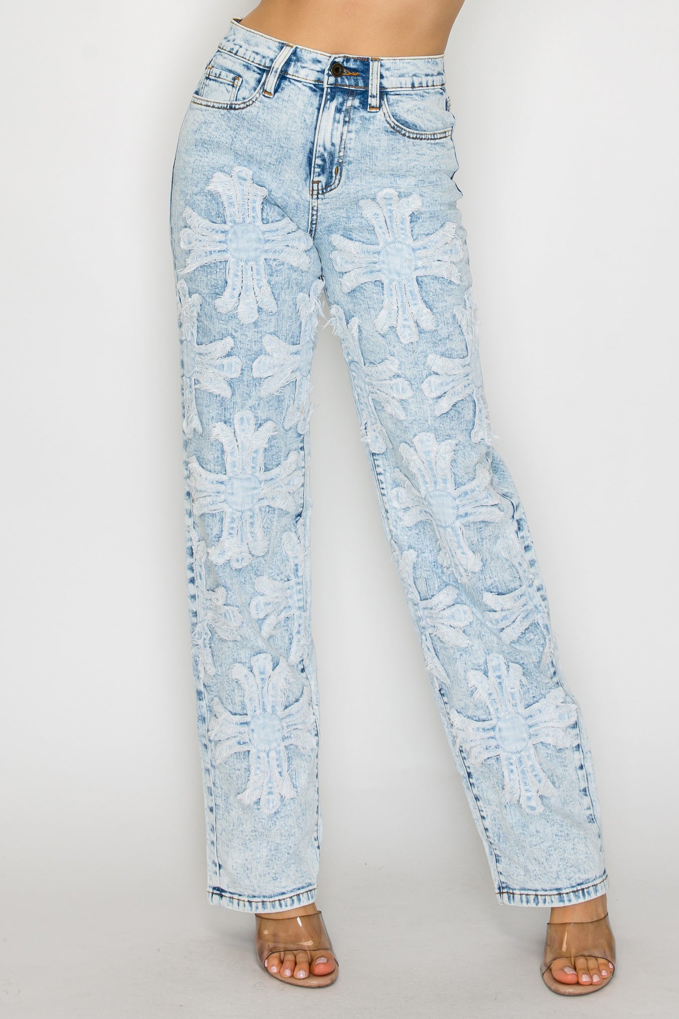 40662 High Rise Straight Leg Jeans W/ Front Panel Cross Patches