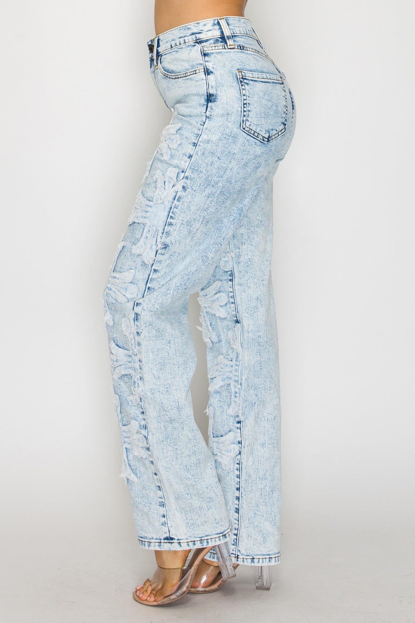 40662 High Rise Straight Leg Jeans W/ Front Panel Cross Patches