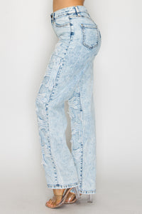 40662 High Rise Straight Leg Jeans W/ Front Panel Cross Patches