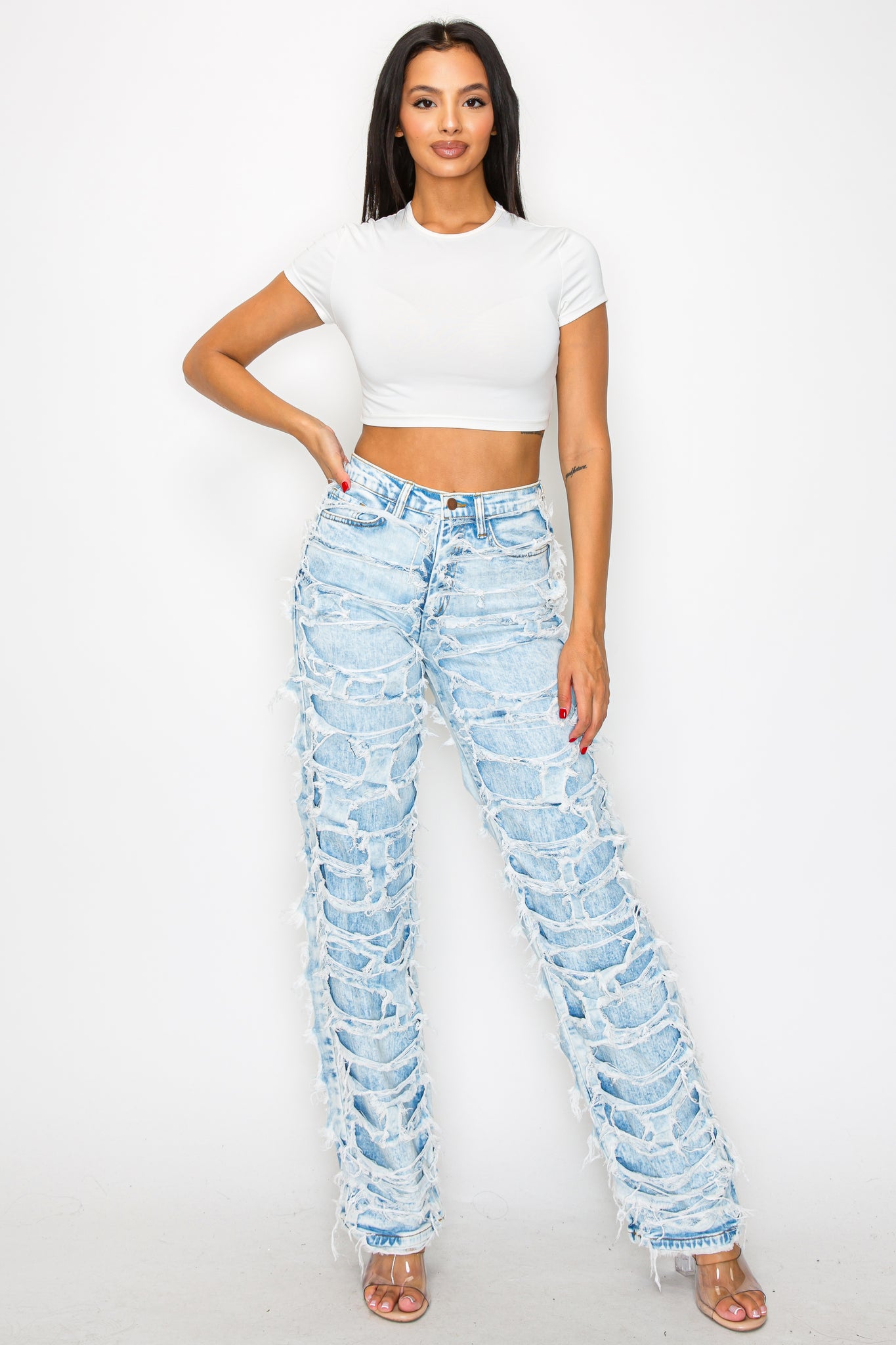 40663 High Rise Straight Leg Acid Washed Jeans W/ Frayed Outer Layer Contrast