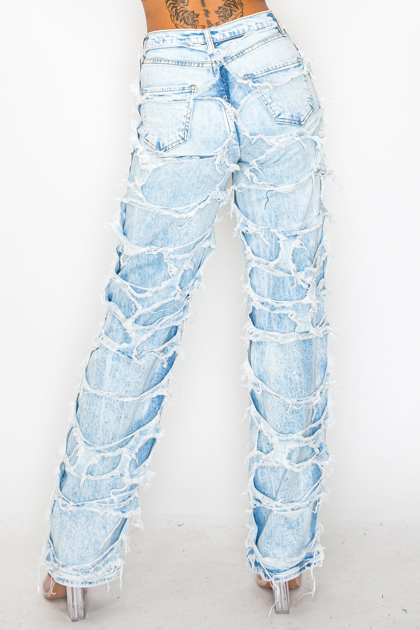 40663 High Rise Straight Leg Acid Washed Jeans W/ Frayed Outer Layer Contrast